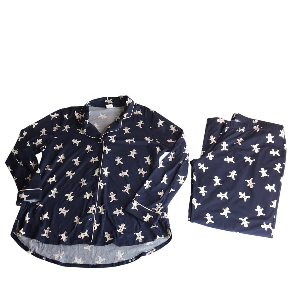 Shimera Nordstrom Pajama Set Pajamas Dark Blue Gingerbread Men Print Women's XL